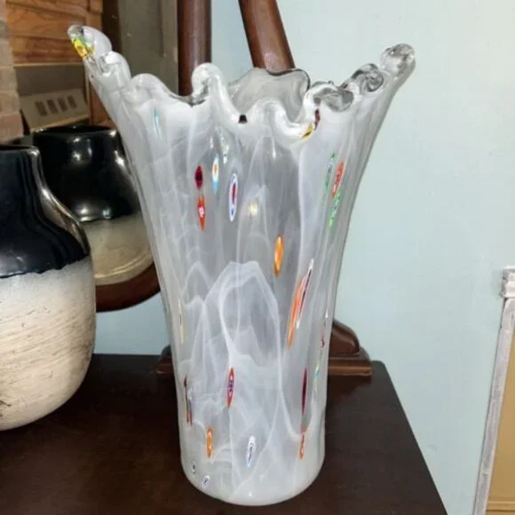 Large Italian Millefiori Arte Murano Lavorazione White Cased Vase 15 Inc…
